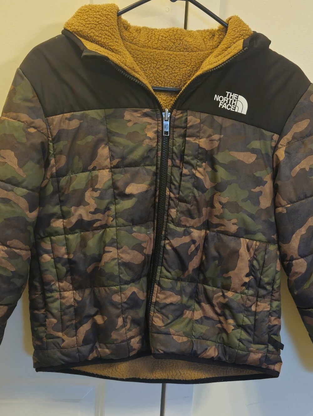 The North Face Kids Olive/Brown Camo Puffer with Mustard Sherpa Hood
